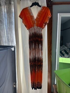 Orange Ombre V-Neck Smocked Maxi Dress